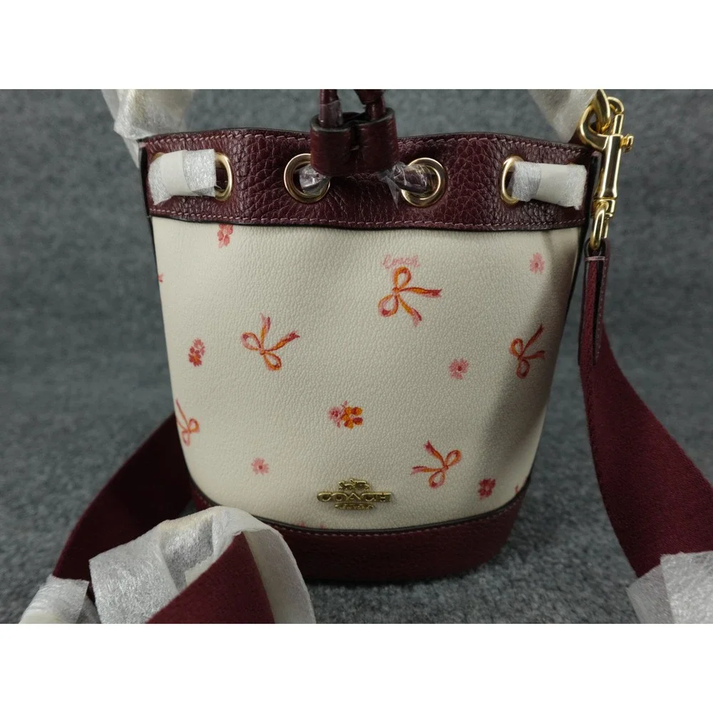 Coach Dempsey Drawstring Bucket Bag 15 Bow Print Chalk Wine CN707 Mini Crossbody